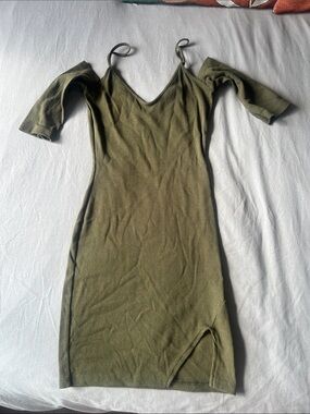 Olive Green Cold-Shoulder V-Neck Bodycon Dress
